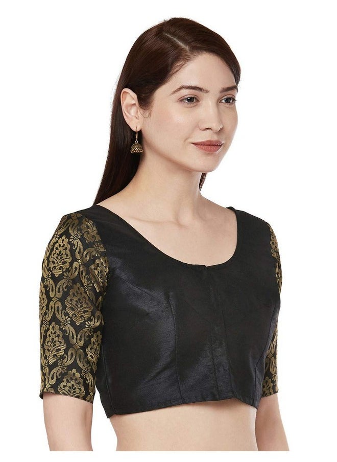 Studio Shringaar Women's Brocade Sleeves Saree Blouse(Black, 38)