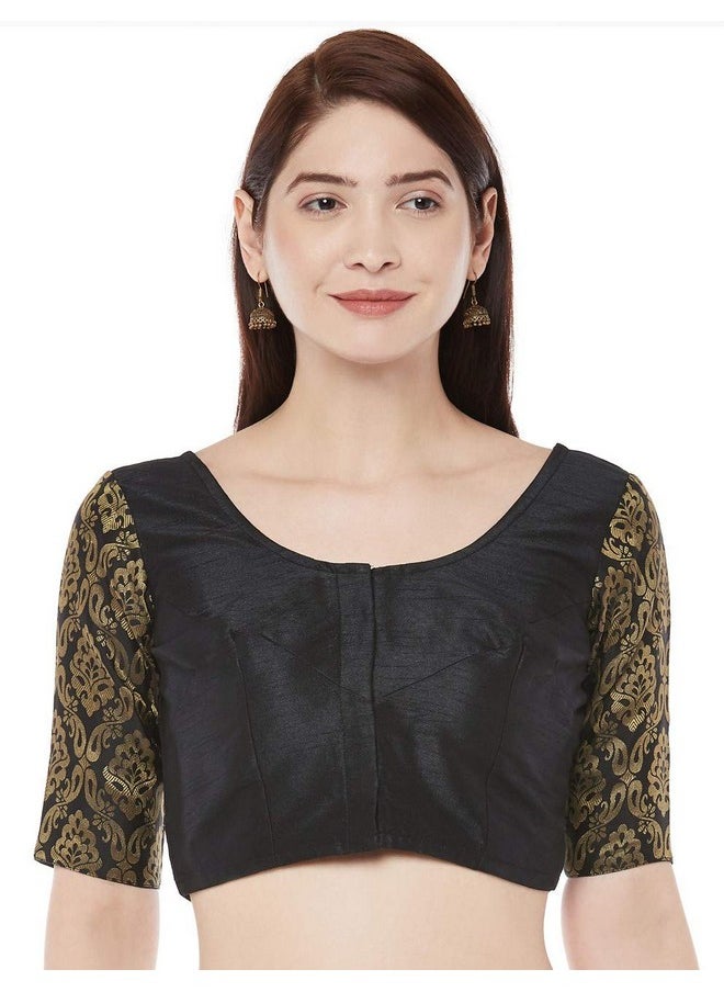 Studio Shringaar Women's Brocade Sleeves Saree Blouse(Black, 38)