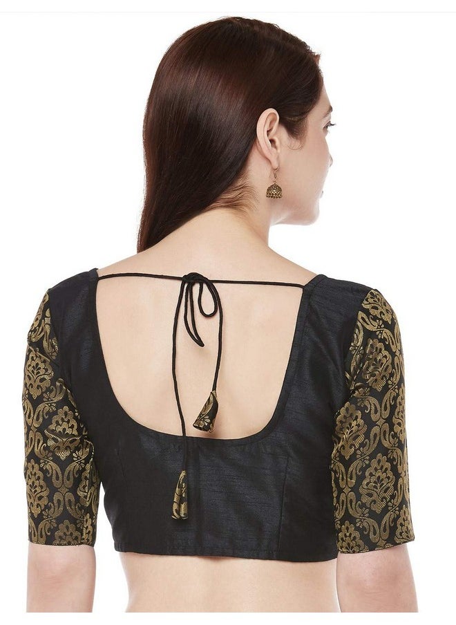 Studio Shringaar Women's Brocade Sleeves Saree Blouse(Black, 38)