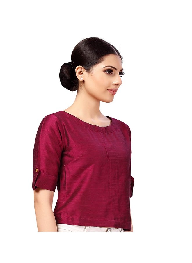 Studio Shringaar Women's Cotton Silk Half Sleeve Crop Top Saree Blouse (Wine, 36)