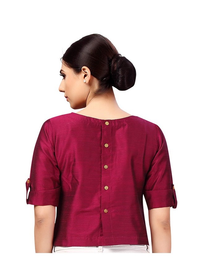 Studio Shringaar Women's Cotton Silk Half Sleeve Crop Top Saree Blouse (Wine, 36)