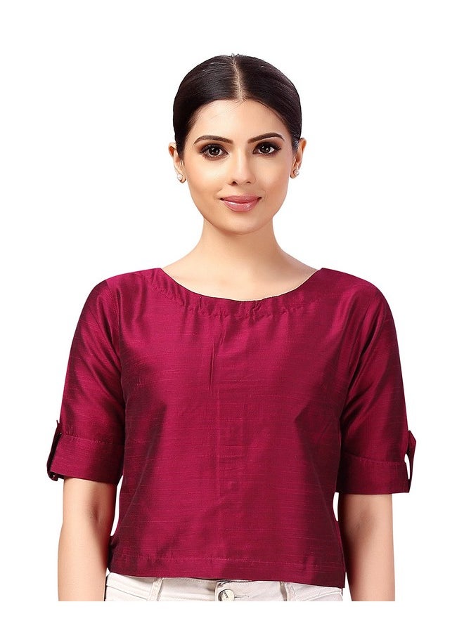 Studio Shringaar Women's Cotton Silk Half Sleeve Crop Top Saree Blouse (Wine, 36)