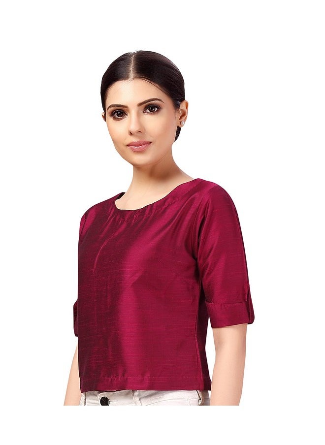 Studio Shringaar Women's Cotton Silk Half Sleeve Crop Top Saree Blouse (Wine, 36)