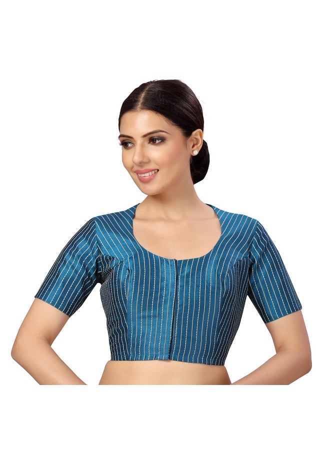 Studio Shringaar Womens Polyester Short Sleeves Handloom Silk Saree Blouse(Firozi, 38)