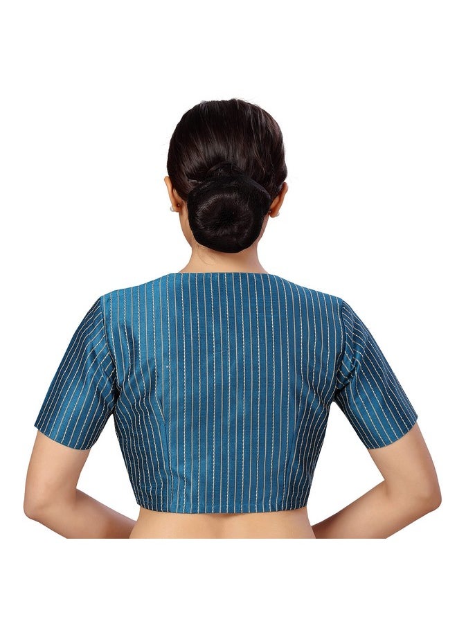 Studio Shringaar Womens Polyester Short Sleeves Handloom Silk Saree Blouse(Firozi, 38)