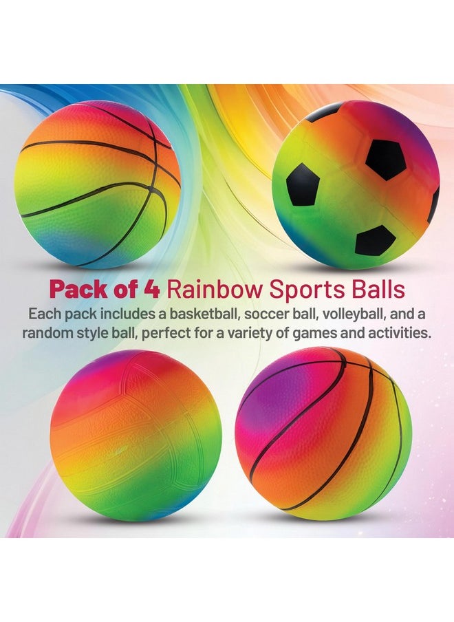 Bedwina Mini Rainbow Sports Balls - 5 Inch (Pack of 4) Inflatable Vinyl Balls for Kids and Toddlers with Hand Air Pump, Neon Basketball for Playground, Indoor and Outdoor Use