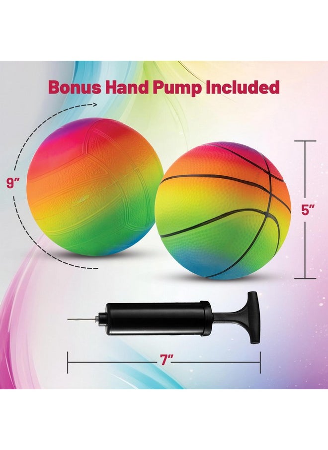 Bedwina Mini Rainbow Sports Balls - 5 Inch (Pack of 4) Inflatable Vinyl Balls for Kids and Toddlers with Hand Air Pump, Neon Basketball for Playground, Indoor and Outdoor Use