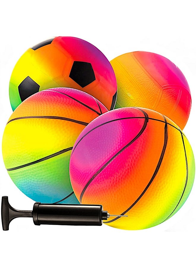 Bedwina Mini Rainbow Sports Balls - 5 Inch (Pack of 4) Inflatable Vinyl Balls for Kids and Toddlers with Hand Air Pump, Neon Basketball for Playground, Indoor and Outdoor Use