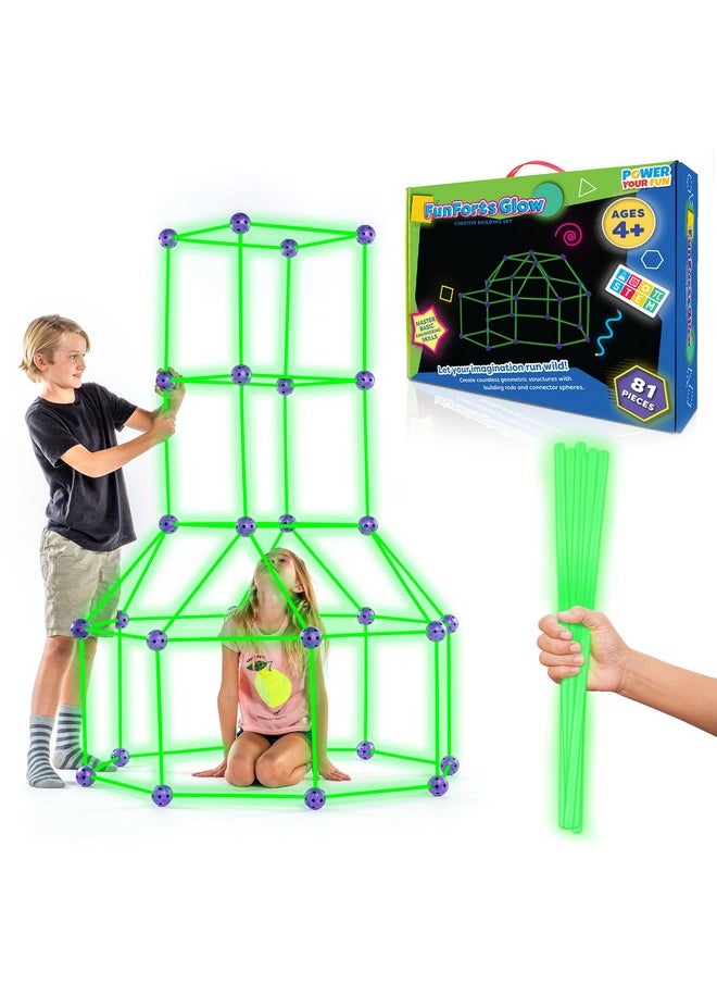 Fun Forts Glow Fort Building Kit for Kids - 81 Pack Glow in The Dark STEM Building Toys Indoor Outdoor Play Tent for Kids Construction Toys with 53 Rods and 28 Spheres