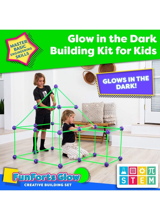 Fun Forts Glow Fort Building Kit for Kids - 81 Pack Glow in The Dark STEM Building Toys Indoor Outdoor Play Tent for Kids Construction Toys with 53 Rods and 28 Spheres