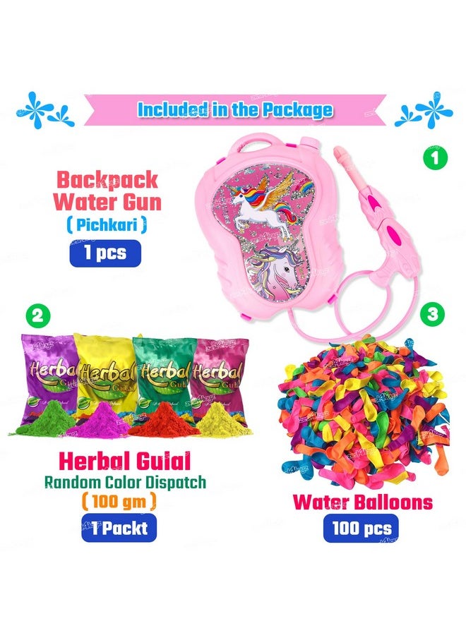 Zest 4 Toyz Holi Pichkari Water Gun for Kids Boy Girl Powerful High Pressure Tank Spray with 100 Balloon, Unicorn (Classic Tank)