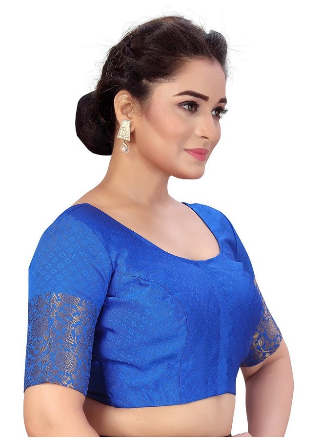 Studio Shringaar Women's Readymade Brocade Saree Blouse with Kanjivaram Border Elbow Length Sleeves(Royal Blue, 46)