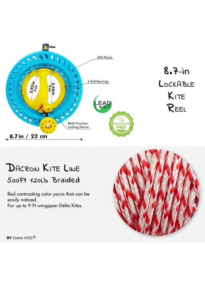 emma kites 8.7in Lockable Kite Reel Winder with 500Ft 120Lb Dacron Kite Line Smooth Rotation for Single Line Kite Flying Inflatable Delta Octopus Kites