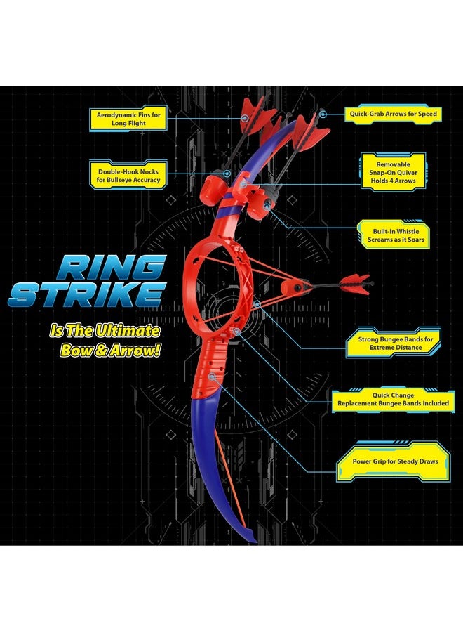 Funwares Ring Strike Archery Bow and Arrow Launches Arrows Over 200 Feet, includes 1 Kid-Powered Bow and 4 Whistling Foam Tipped Arrows