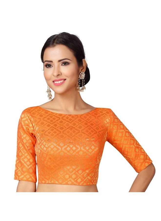 Studio Shringaar Women's Readymade Brocade Elbow Length Sleeves Saree Blouse (Orange, 38)