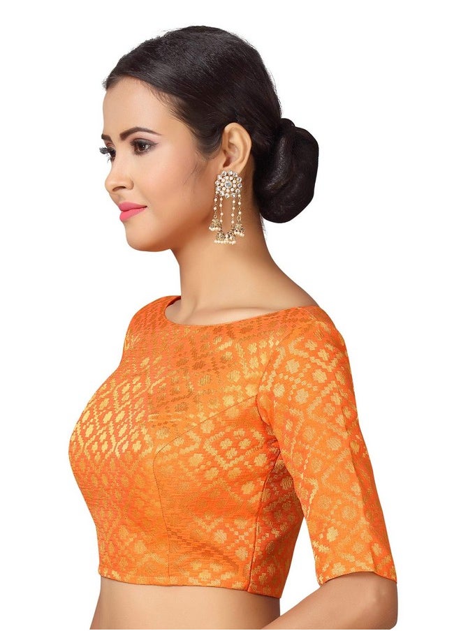 Studio Shringaar Women's Readymade Brocade Elbow Length Sleeves Saree Blouse (Orange, 38)