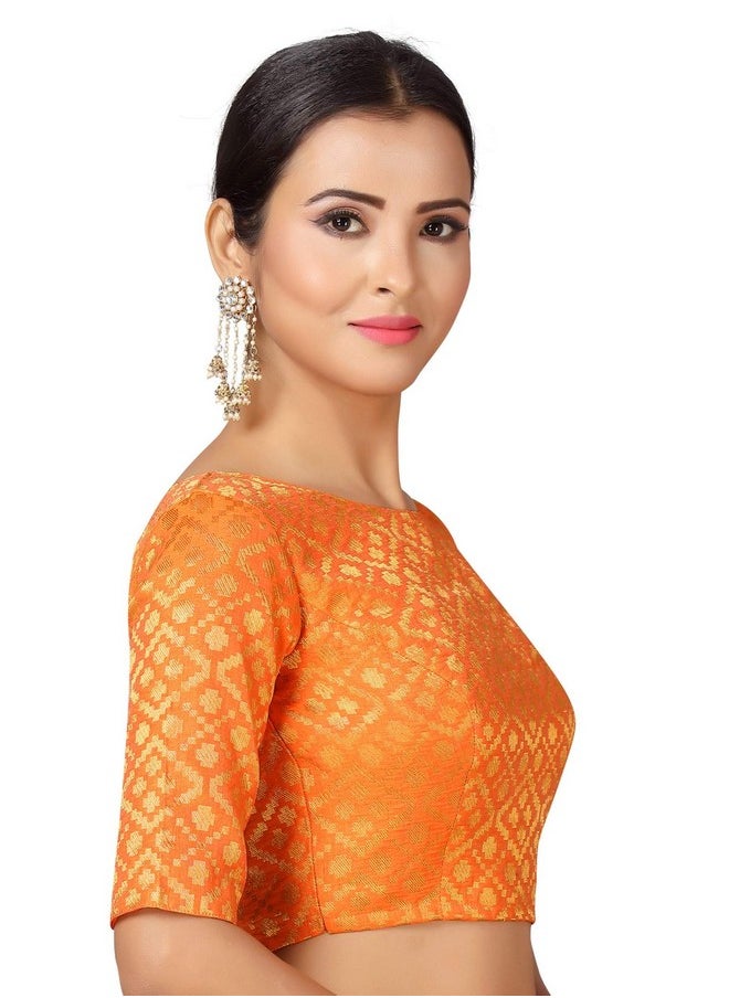 Studio Shringaar Women's Readymade Brocade Elbow Length Sleeves Saree Blouse (Orange, 38)