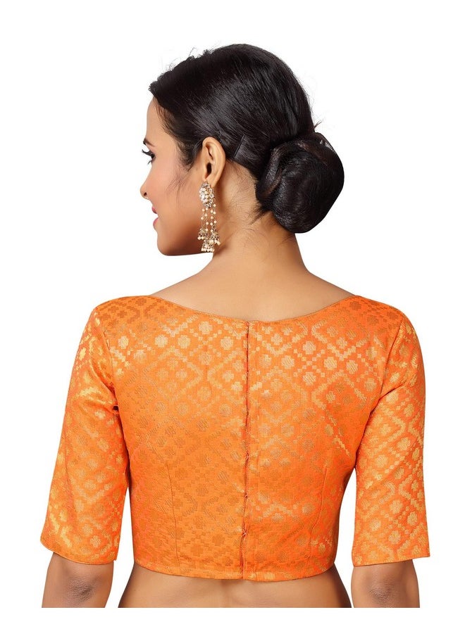 Studio Shringaar Women's Readymade Brocade Elbow Length Sleeves Saree Blouse (Orange, 38)