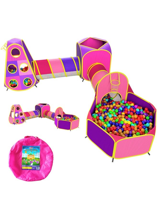 Playz 5pc Kids Princess Play Tent, Ball Pit with Basketball Hoop & Kids Play Tunnel for Toddlers, Babies, Kids, Girls & Boys Indoor & Outdoor Pop Up Playhouse Bundle with Bag, Yellow, Pink & Purple