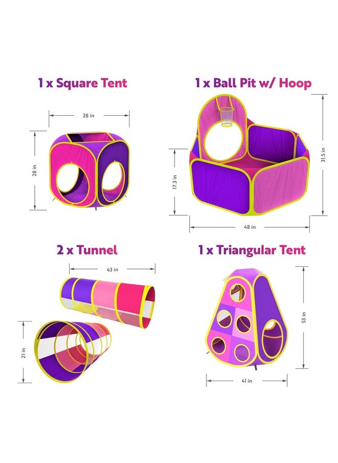 Playz 5pc Kids Princess Play Tent, Ball Pit with Basketball Hoop & Kids Play Tunnel for Toddlers, Babies, Kids, Girls & Boys Indoor & Outdoor Pop Up Playhouse Bundle with Bag, Yellow, Pink & Purple