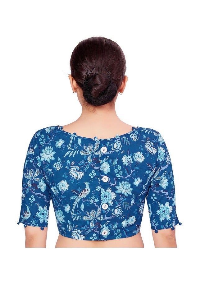 Studio Shringaar Women's Readymade Blue Cotton Block Printed Elbow Length Sleeves Saree Blouse (Blue, 34)