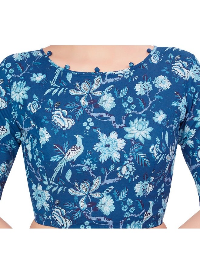 Studio Shringaar Women's Readymade Blue Cotton Block Printed Elbow Length Sleeves Saree Blouse (Blue, 34)