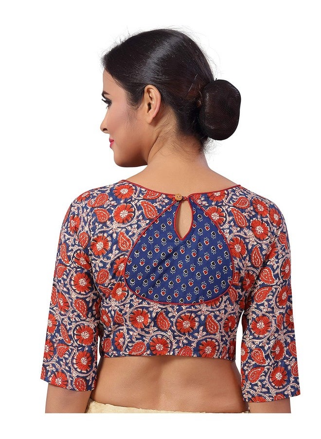 Studio Shringaar Women's Pure Cotton Readymade Kalamkari Printed Saree Blouse With 3/4 Sleeves (Multi-Colour, 34)