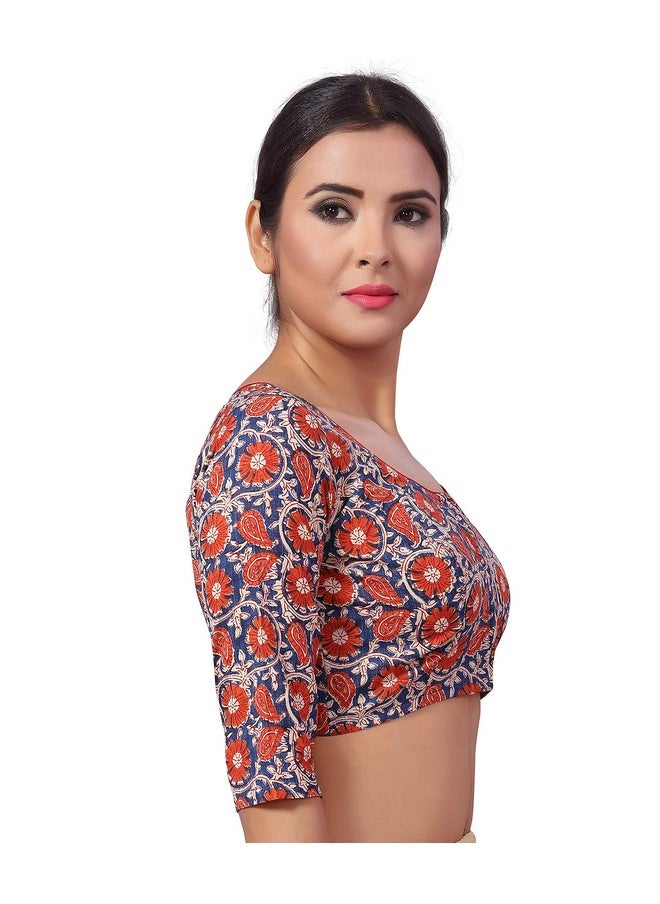 Studio Shringaar Women's Pure Cotton Readymade Kalamkari Printed Saree Blouse With 3/4 Sleeves (Multi-Colour, 34)