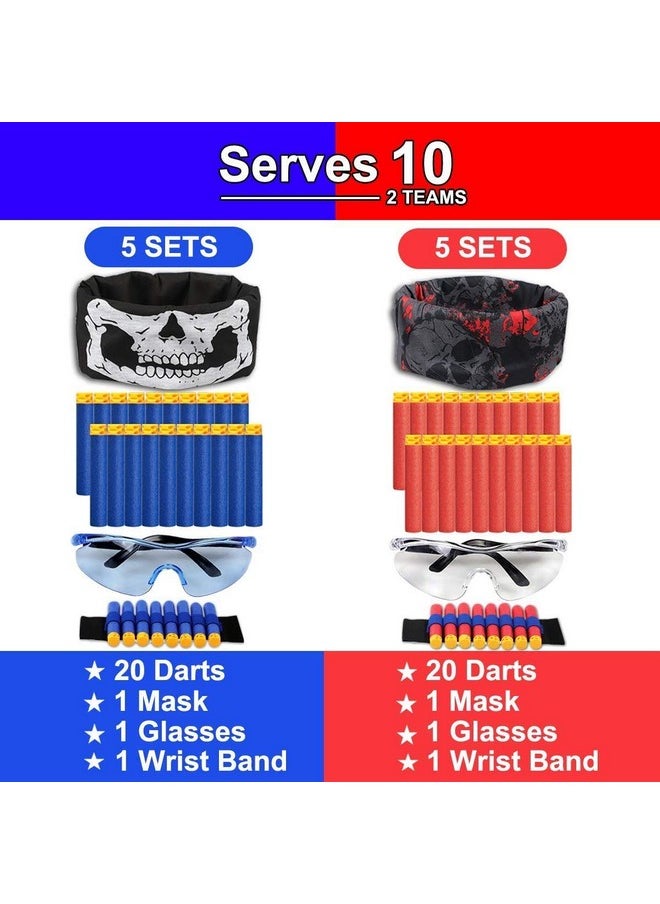 POKONBOY Party Supplies Compatible with Nerf Guns, 10 Sets Kids Blaster Guns Birthday Party Favors Accessories with Face Mask, Refill Darts, Tactical Glasses and Wrist Bands for Two Teams