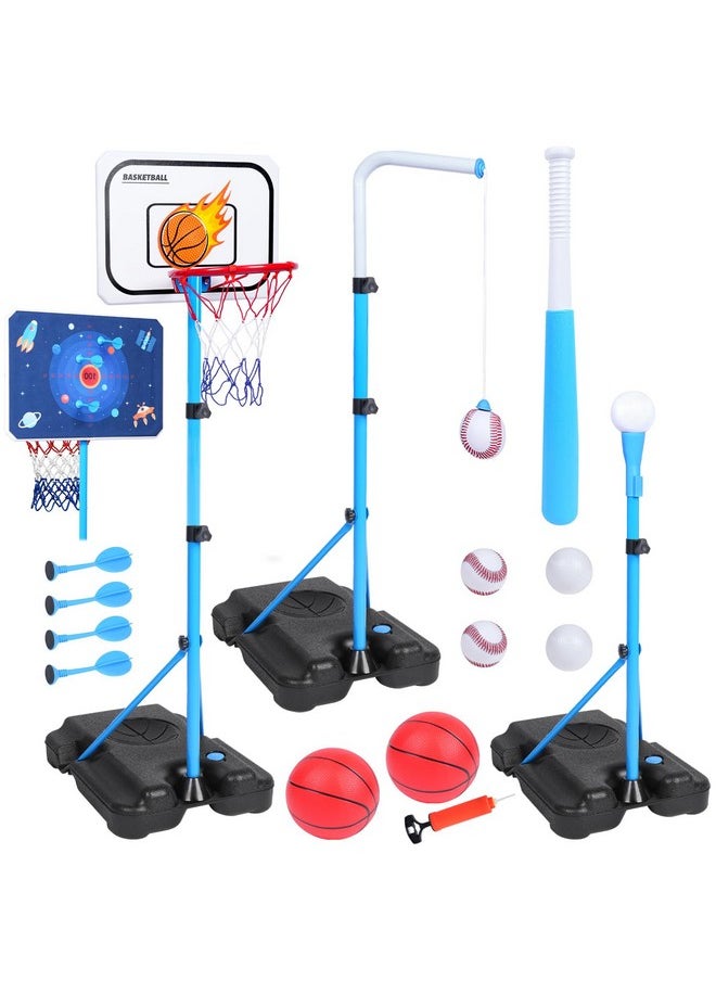 4 in 1 Kids Basketball Hoop, Basketball Hoop for Kids with Dart Board & T Ball Set & Hanging Baseball Basketball Toys Indoor & Outdoor Toddler Boy Toys Birthday Gifts for Boys Girls Ages 3+
