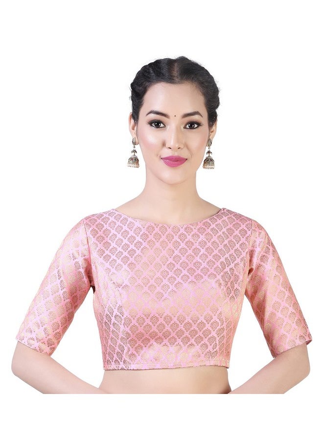 Studio Shringaar Women's Readymade Pastel Brocade Elbow Length Sleeves Saree Blouse (Pink, 44)