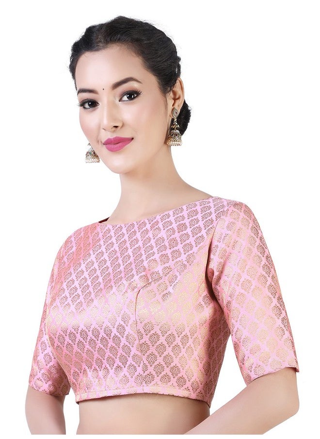 Studio Shringaar Women's Readymade Pastel Brocade Elbow Length Sleeves Saree Blouse (Pink, 44)