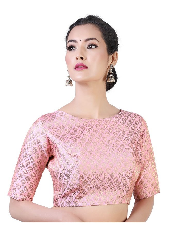 Studio Shringaar Women's Readymade Pastel Brocade Elbow Length Sleeves Saree Blouse (Pink, 44)