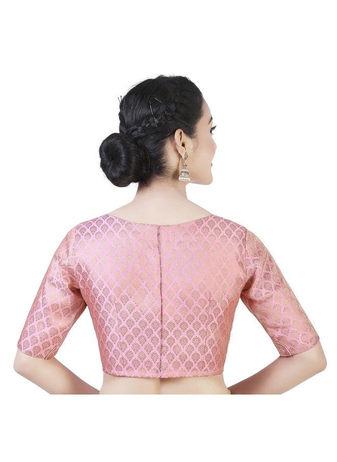 Studio Shringaar Women's Readymade Pastel Brocade Elbow Length Sleeves Saree Blouse (Pink, 44)