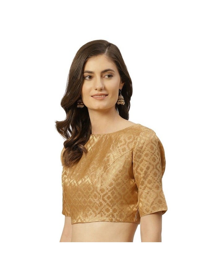 Studio Shringaar Women's Readymade Brocade Elbow Length Sleeves Saree Blouse (Gold, 46)