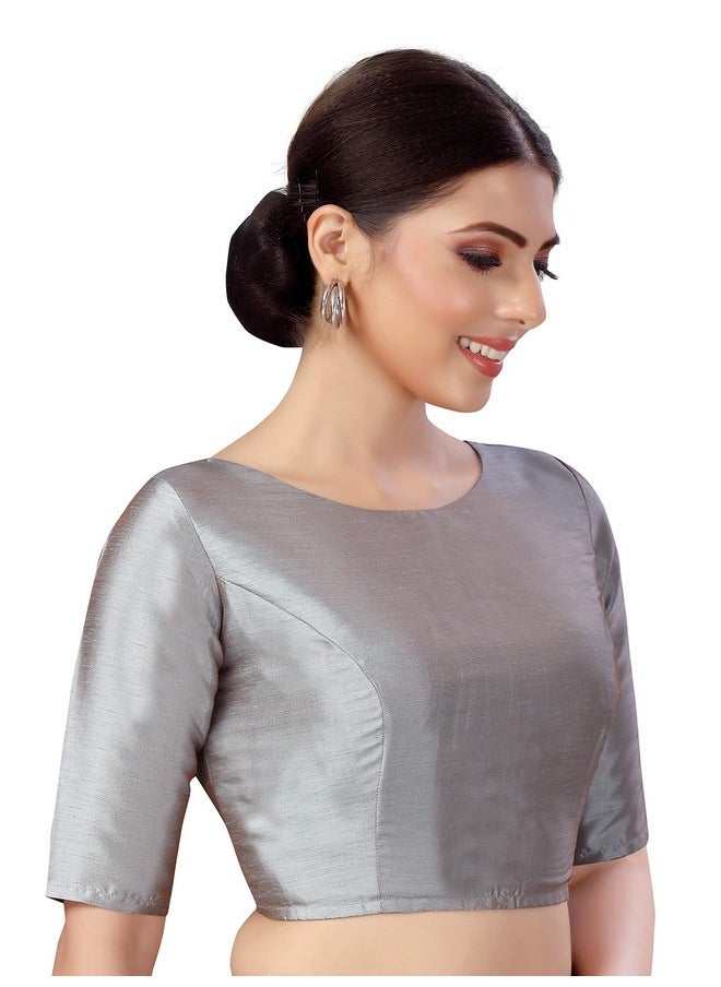 Studio Shringaar Women's Polyester Elbow Length Sleeves Plain Coloured Saree Blouse(Grey, 38)