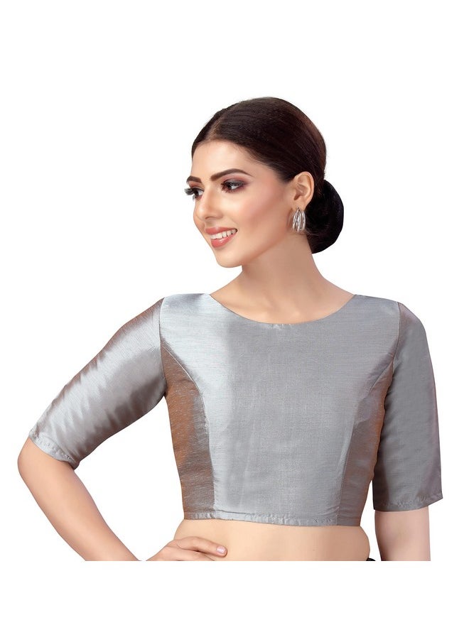 Studio Shringaar Women's Polyester Elbow Length Sleeves Plain Coloured Saree Blouse(Grey, 38)