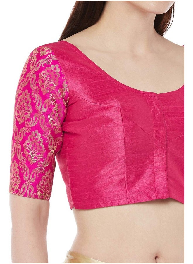 Studio Shringaar Women's Brocade Sleeves Saree Blouse(Pink, 42)