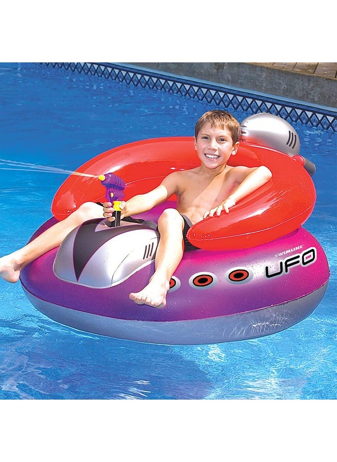 SWIMLINE ORIGINAL Inflatable UFO Spaceship Pool Float Ride On With Fun Constant Flow Laser Ray Gun Water Squirter For Kids | Cool Retro Style | For Beach Ocean Pool Lake | Extra Thick Large Floatie