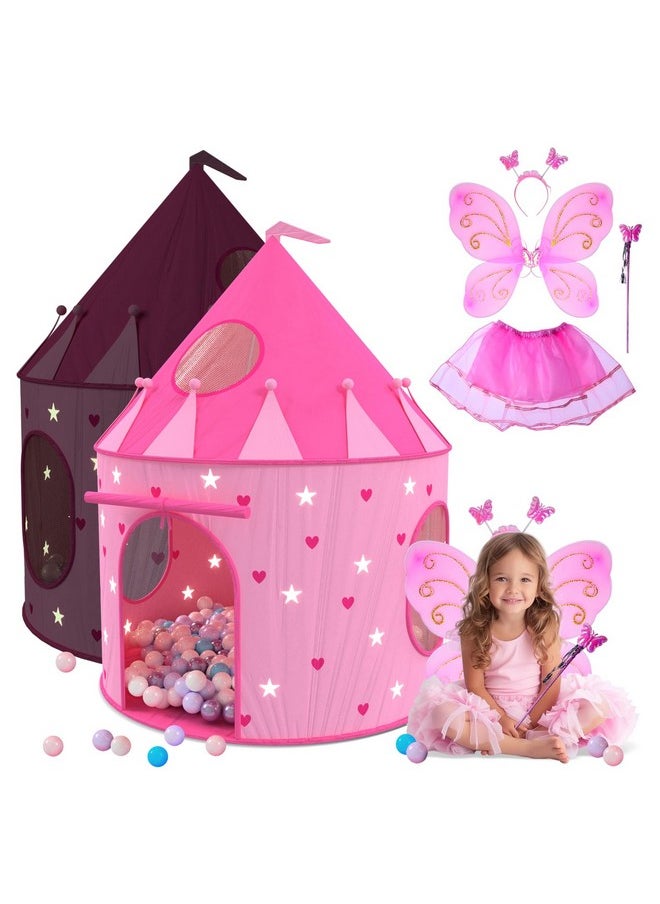 Playz 5-Piece Princess Castle Girls Pop Up Play Tent & Dress Up Costume Bundle - Playhouse Gift for Girls & Toddler for Indoor & Outdoor Use with Pink Fairy Tale Carrying Bag & Glow in The Dark Stars