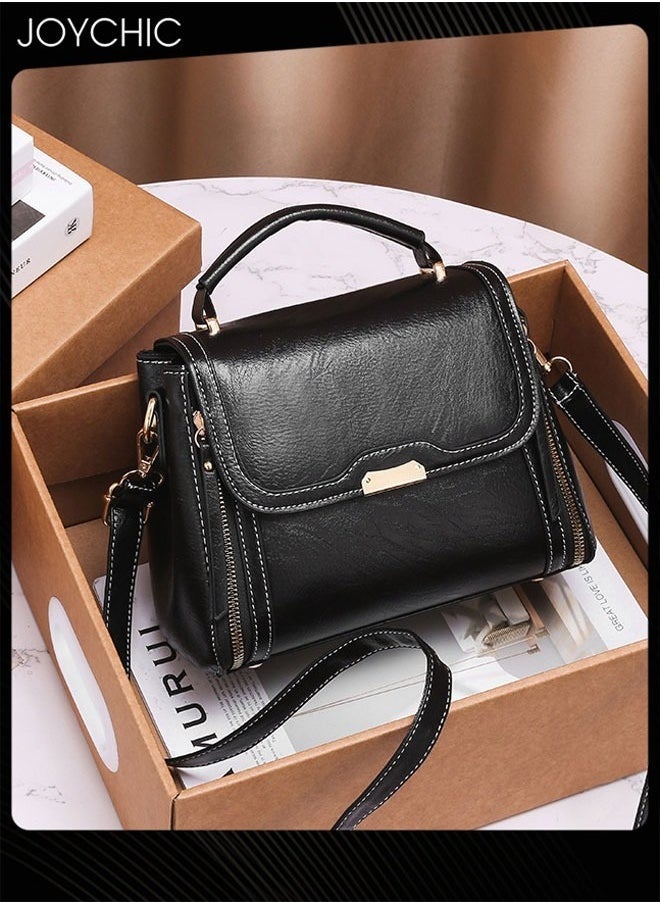 Women Small Shoulder Bag Ladies Vintage PU Leather Waterproof and Wear-resistant Zipper Multifunction Crossbody Bag Black