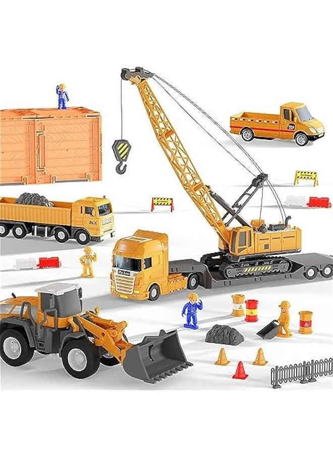 Kids Construction Toys Truck Set, Boys Engineering Vehicle Playset, Crane Transport Trailer, Bulldozer Forklift for Sandbox Site, Birthday Gift for Age 3 4 5 6 Years Old Toddler Children