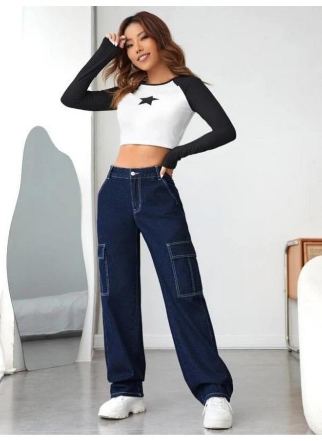 KOTTY Women's Solid High Waist Relaxed Fit Cotton Lycra Blend Cargo Jeans Denim Blue