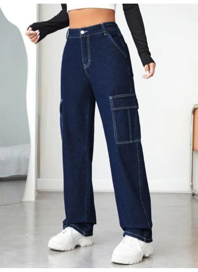 KOTTY Women's Solid High Waist Relaxed Fit Cotton Lycra Blend Cargo Jeans Denim Blue