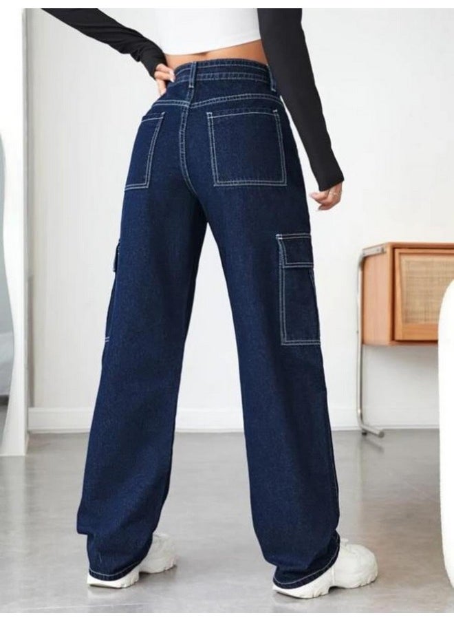KOTTY Women's Solid High Waist Relaxed Fit Cotton Lycra Blend Cargo Jeans Denim Blue