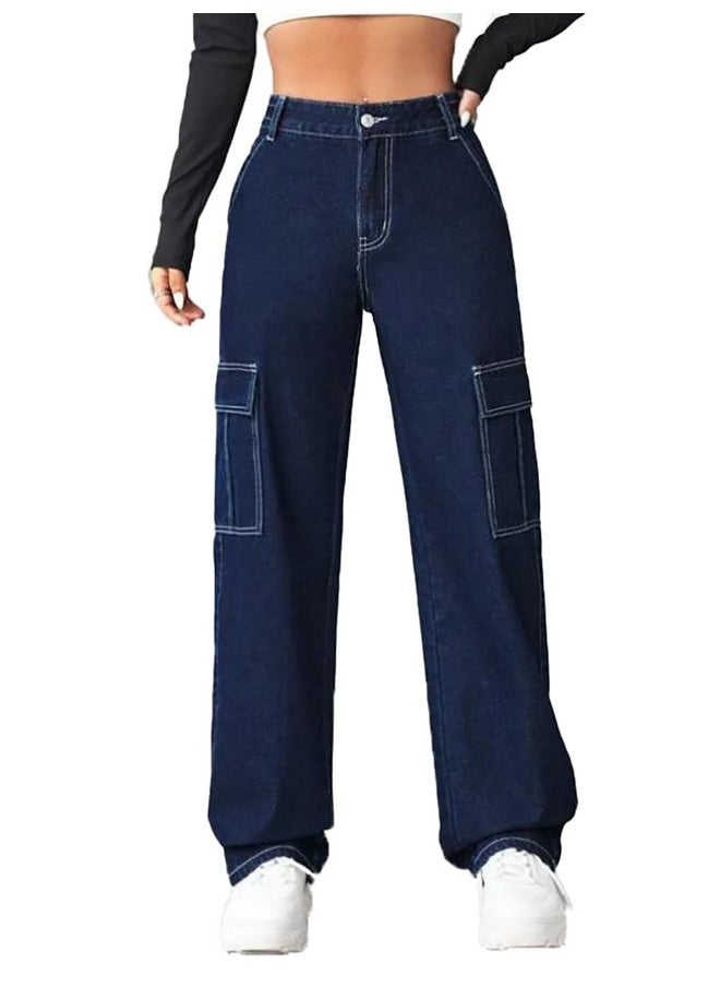 KOTTY Women's Solid High Waist Relaxed Fit Cotton Lycra Blend Cargo Jeans Denim Blue