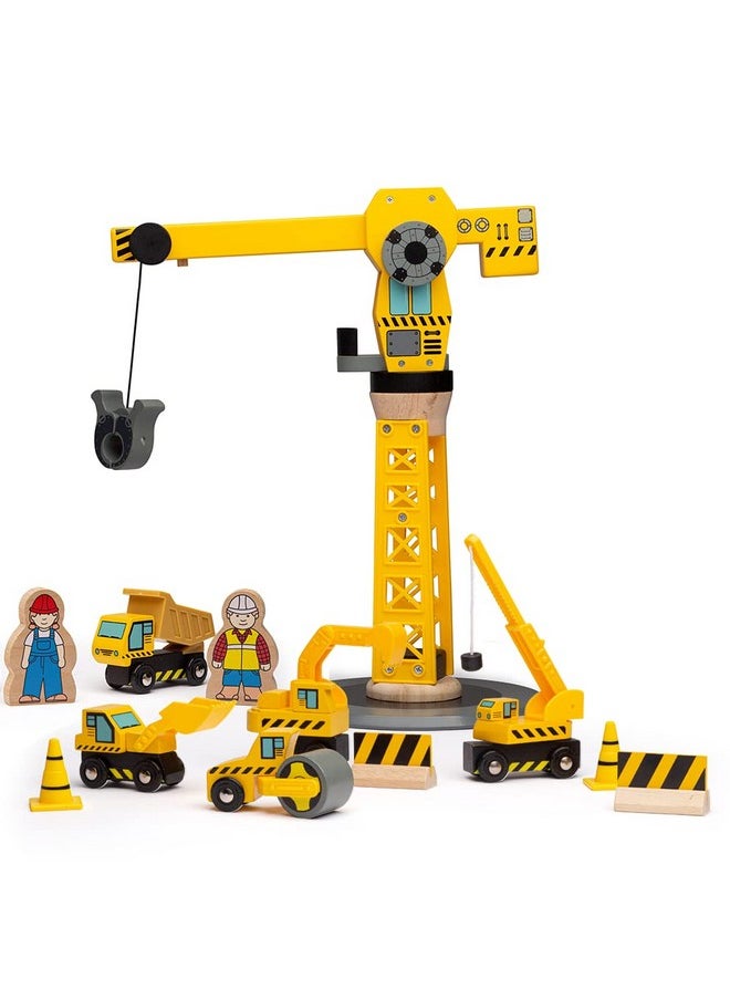 Bigjigs Rail Big Yellow Wooden Crane Construction Play Set with Vehicles & Accessories