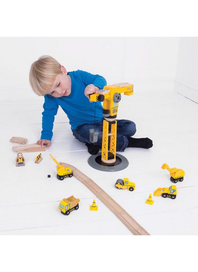 Bigjigs Rail Big Yellow Wooden Crane Construction Play Set with Vehicles & Accessories