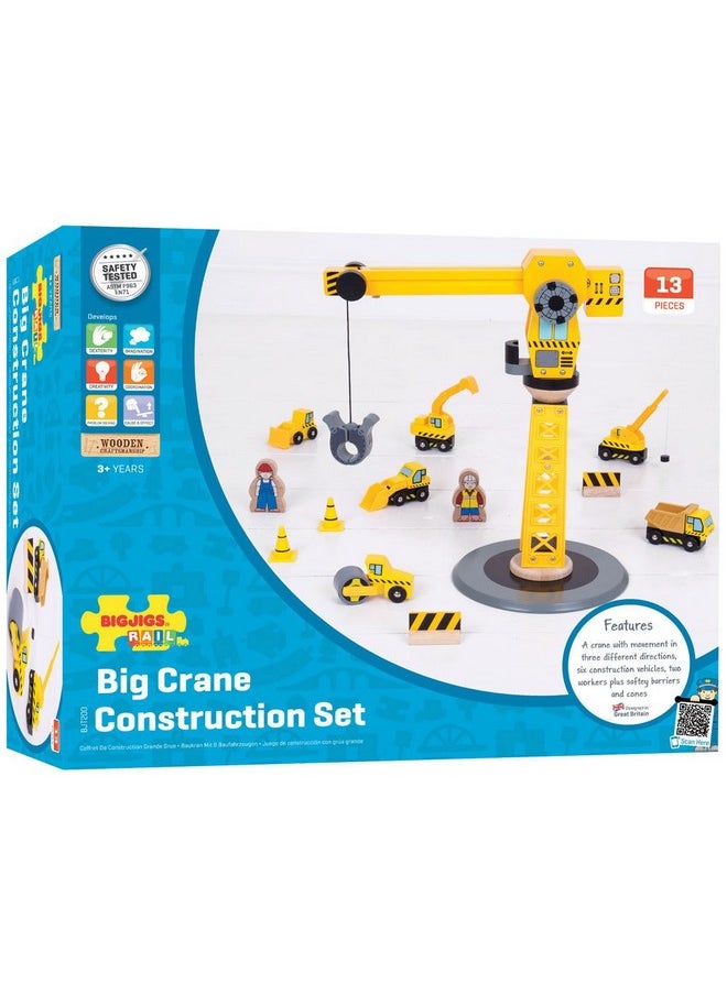 Bigjigs Rail Big Yellow Wooden Crane Construction Play Set with Vehicles & Accessories