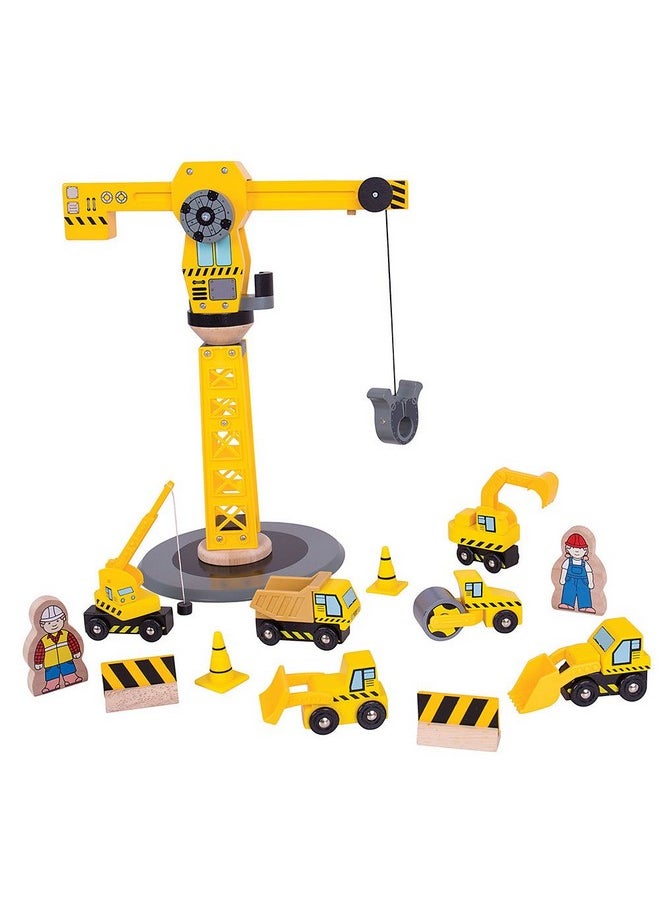 Bigjigs Rail Big Yellow Wooden Crane Construction Play Set with Vehicles & Accessories
